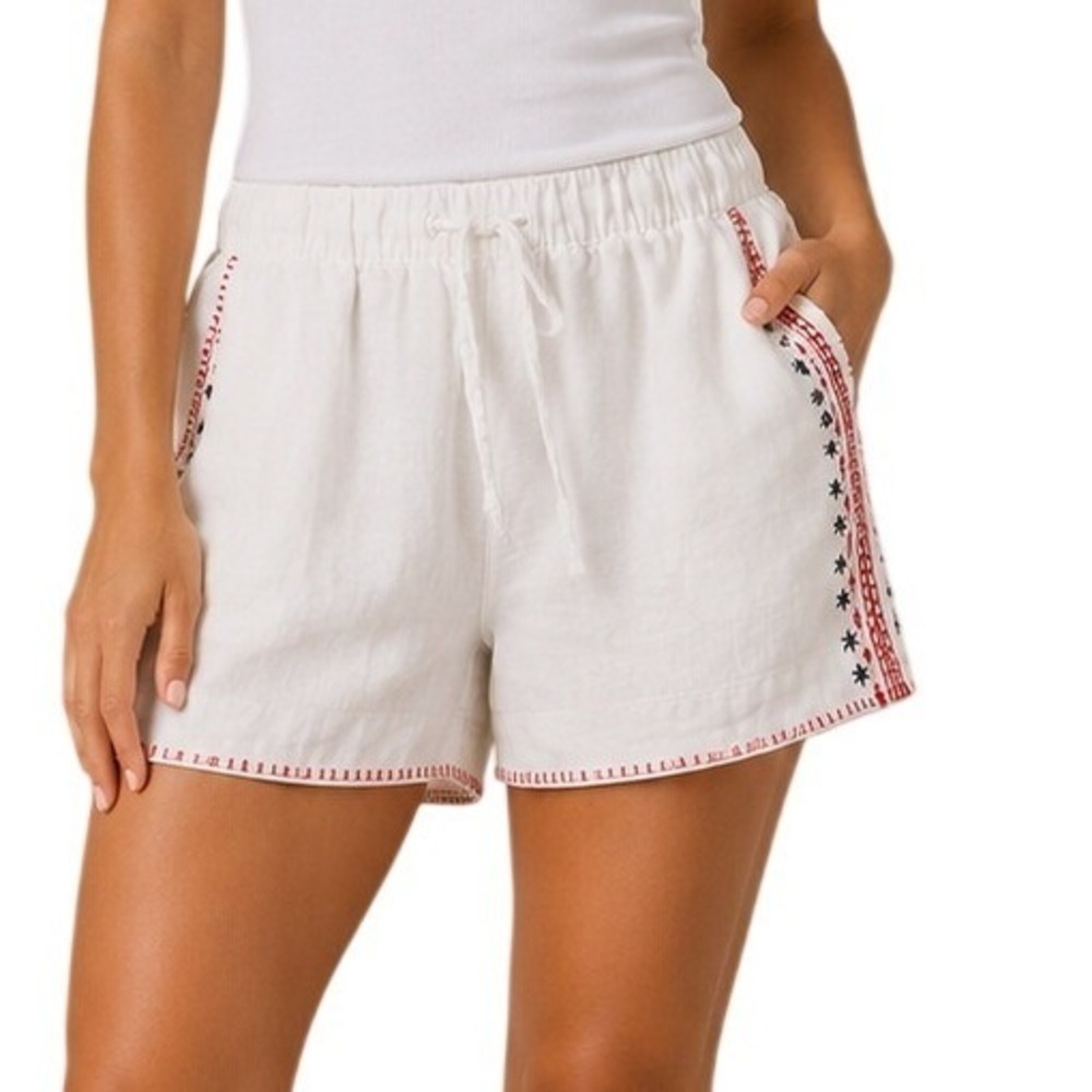 Cynthia Rowley White 100% Linen Embroidered Drawstring Shorts Women's Medium